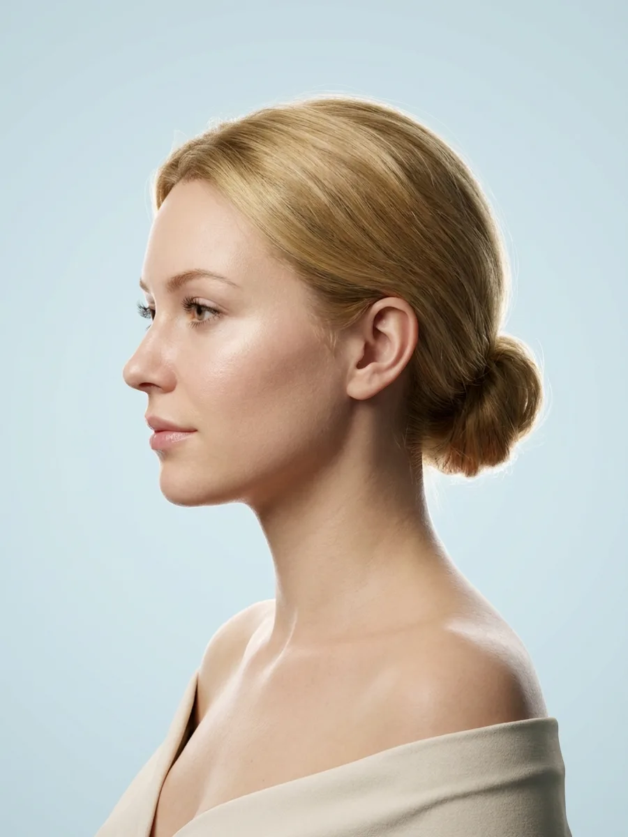 Bölgeye göre planlamayı simgeleyen, sola bakan üç boyutlu kadın yüzü profili çizimi